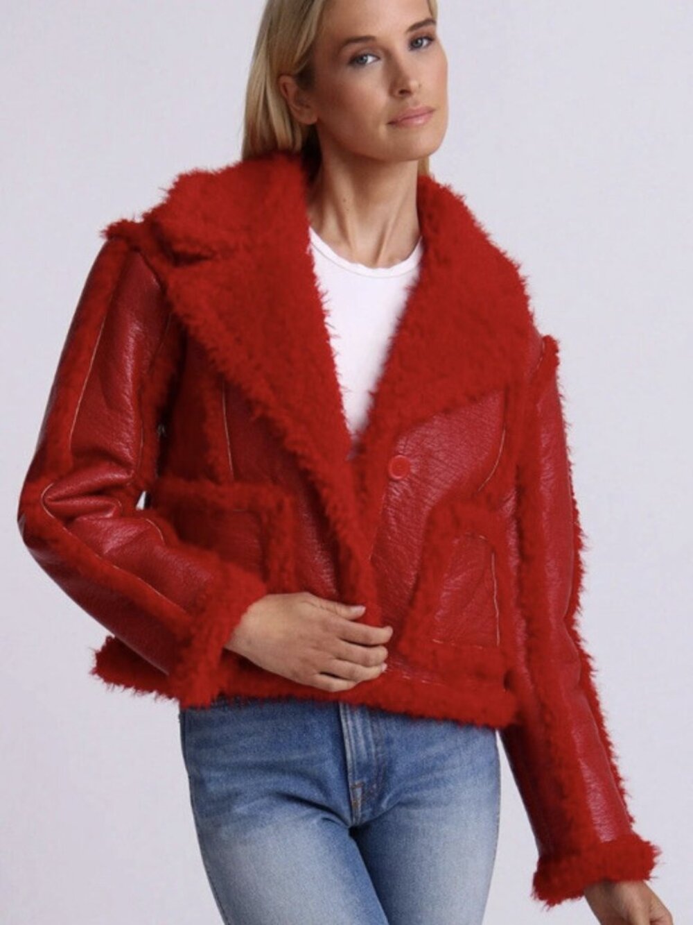 7 For All Mankind Stella Red Vegan Leather Faux Shearling Cropped Jacket